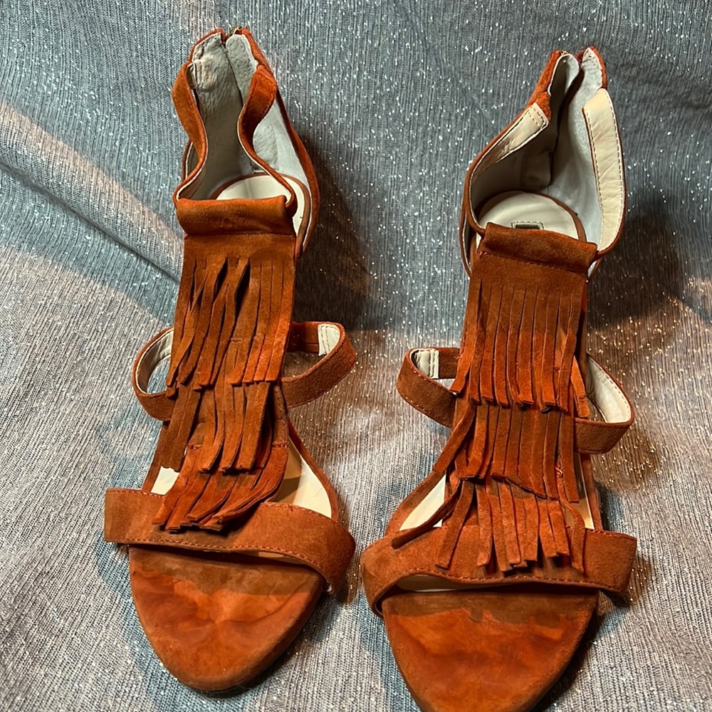 I-N-C suede fringed ,zipper back heels